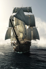 Plakaty  Widok z przodu statku pirackiego przebijającego się przez mgłę skierowaną w stronę kamery. renderowanie 3d