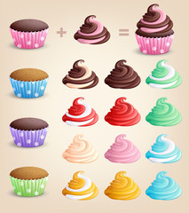 Construction cupcakes on a light background. Icons. Isolated. Sweet pastries decorated with cream. Vector illustration. 3D.