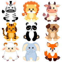 Obraz premium Cute cartoon baby animals. Dog, cow, lion, sheep, tiger, panda, fox, zebra, elephant