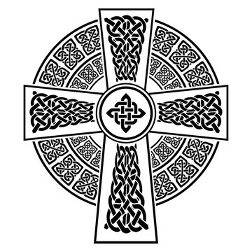 Celtic style Cross with eternity knots patterns in white and black with stroke element surrounded by 2 knotted rings  inspired by Irish St Patrick's Day, and Irish and Scottish carving art
