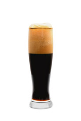 A glass of dark beer on a white background