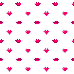 Cute seamless pattern of red hearts and lips on a white background.  It can be used for packaging, wrapping paper, textile, phone case etc.