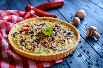 Quiche with mushrooms, bell pepper, bacon and green onion