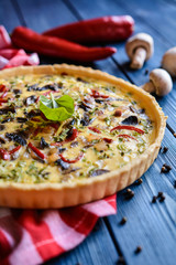 Quiche with mushrooms, bell pepper, bacon and green onion