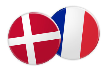News Concept: Denmark Flag Button On France Flag Button, 3d illustration on white background