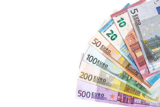 full set of banknotes of euro isolated on white. Place for text.