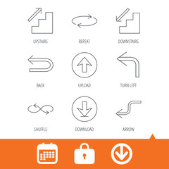 Arrows icons. Download, repeat and shuffle linear signs. Upload, back arrow flat line icons. Download arrow, locker and calendar web icons. Vector