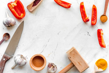 Professional kitchen with spices for cook on white background top view mock-up