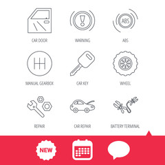 Car key, repair tools and manual gearbox icons. Wheel, warning ABS and battery terminal linear signs. New tag, speech bubble and calendar web icons. Vector