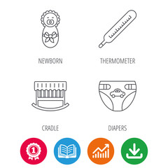 Newborn, diapers and thermometer icons. Cradle bed linear sign. Award medal, growth chart and opened book web icons. Download arrow. Vector