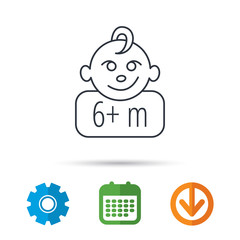 Baby face icon. Newborn child sign. Use of six months and plus symbol. Calendar, cogwheel and download arrow signs. Colored flat web icons. Vector