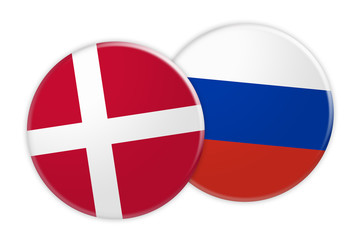 News Concept: Denmark Flag Button On Russia Flag Button, 3d illustration on white background