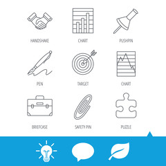 Handshake, graph charts and target icons. Puzzle, pushpin and safety pin linear signs. Briefcase and pen flat line icons. Light bulb, speech bubble and leaf web icons. Vector