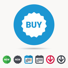Buy icon. Online shopping star symbol. Calendar, download arrow and new tag signs. Colored flat web icons. Vector