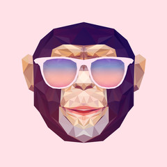 Vector portrait of monkey polygonal . Triangle illustration monkey for use print on t-shirt and poster. Geometric low poly chimpanzee design. Hipster animal print in summer sunglasses. Monkey face.