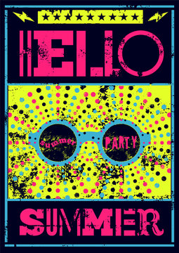 Hello Summer! Typographic Summer Party grunge retro poster design. Vector illustration.