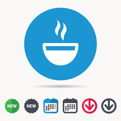 Coffee cup icon. Hot tea drink symbol. Calendar, download arrow and new tag signs. Colored flat web icons. Vector