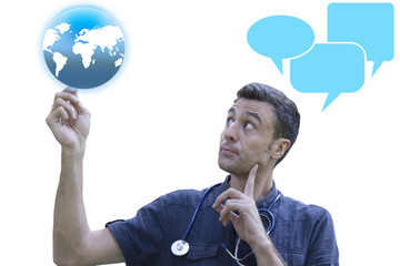 male doctor with talk bubble. doctor with world
