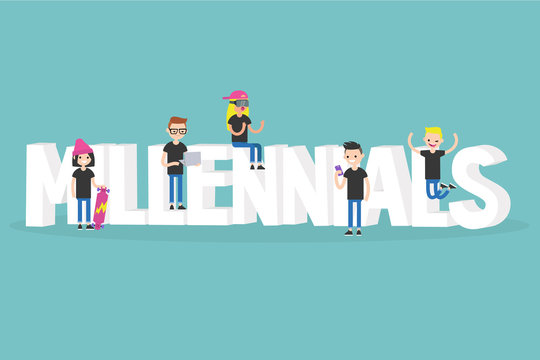 Illustrated sign. Group of smiling millennials / Flat vector clip art illustration.