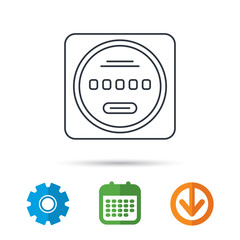Electricity power counter icon. Measurement sign. Calendar, cogwheel and download arrow signs. Colored flat web icons. Vector