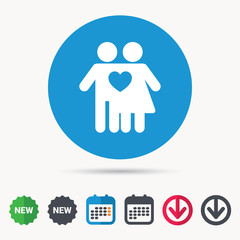 Couple love icon. Traditional young family symbol. Calendar, download arrow and new tag signs. Colored flat web icons. Vector