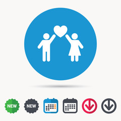 Couple love icon. Traditional young family symbol. Calendar, download arrow and new tag signs. Colored flat web icons. Vector