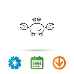 Crab icon. Cancer shellfish sign. Wildlife symbol. Calendar, cogwheel and download arrow signs. Colored flat web icons. Vector