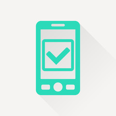 Mobile phone with checkmark symbol flat icon. Operation accepted vector illustration