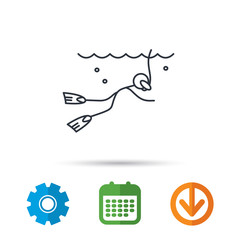 Diving icon. Swimming underwater with tube sign. Scuba diving symbol. Calendar, cogwheel and download arrow signs. Colored flat web icons. Vector