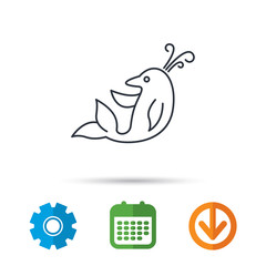 Dolphin icon. Cetacean mammal sign. Delphinidae with fountain symbol. Calendar, cogwheel and download arrow signs. Colored flat web icons. Vector