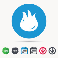 Fire icon. Blazing bonfire flame symbol. Calendar, download arrow and new tag signs. Colored flat web icons. Vector