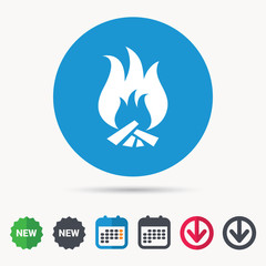 Fire icon. Blazing bonfire flame symbol. Calendar, download arrow and new tag signs. Colored flat web icons. Vector