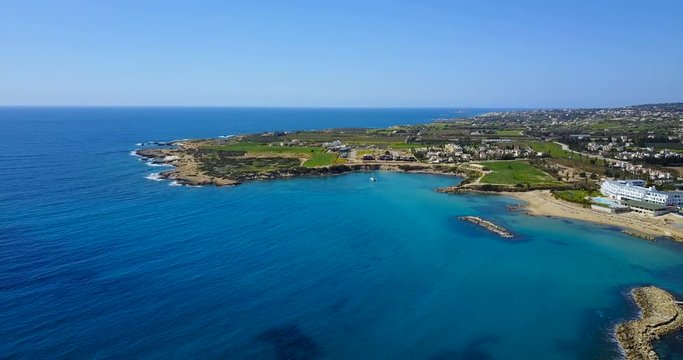 Landscape of a transparent clear blue Mediterranean Sea. The island of Cyprus. Resort.