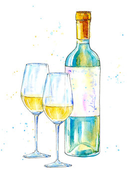 Bottle of white wine and glasses.Picture of a alcoholic drink.Watercolor hand drawn illustration.