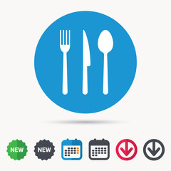 Fork, knife and spoon icons. Cutlery symbol. Calendar, download arrow and new tag signs. Colored flat web icons. Vector
