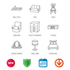 Double bed, table lamp and armchair icons. Chair, lamp and vintage mirror linear signs. Wall shelf, sofa and chest of drawers furniture icons. New tag, shield and calendar web icons. Download arrow