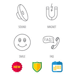 Magnet, smiling face and faq speech bubble icons. Sound linear sign. Shield protection, calendar and new tag web icons. Vector