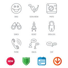 Phone call, chat speech bubble and photo camera icons. Social media, smile and rocket linear signs. New tag, shield and calendar web icons. Download arrow. Vector