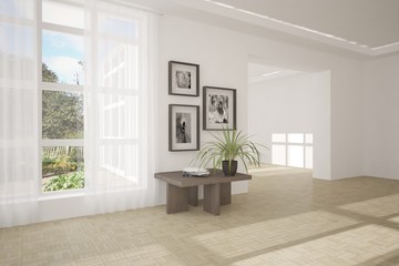 White empty room with green landscape in window. Scandinavian interior design. 3D illustration