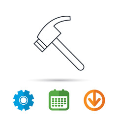 Hammer icon. Repair or fix tool sign. Calendar, cogwheel and download arrow signs. Colored flat web icons. Vector