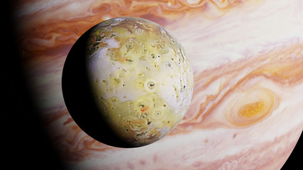 Jupiter's moon Io in front of the planet Jupiter