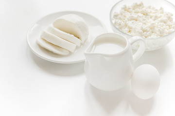 Healthy food concept with milk and cottage cheese on white table