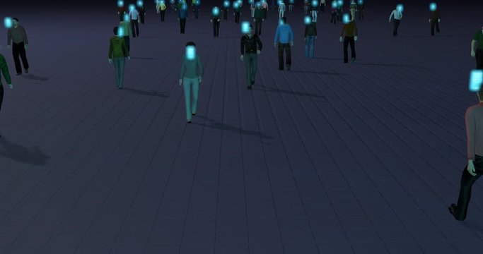 Many people walking with gaze, eyes on floating smart phones, cells . 3d animation. Front view, camera static