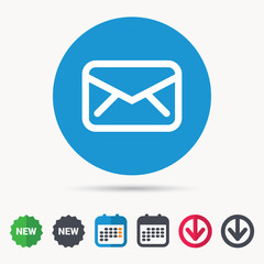 Envelope icon. Send email message sign. Internet mailing symbol. Calendar, download arrow and new tag signs. Colored flat web icons. Vector