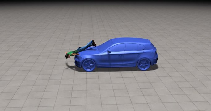 Man hit by car. Front impact. 3d animation simulation