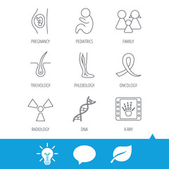 Fototapeta premium Pregnancy, pediatrics and family icons. Trichology, vein varicose and oncology awareness ribbon linear signs. Radiology, DNA icons. Light bulb, speech bubble and leaf web icons. Vector