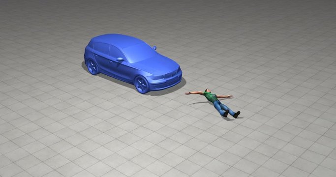 Man hit by car. Front impact. 3d animation simulation