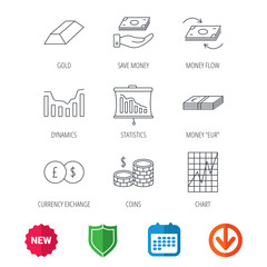Banking, cash money and statistics icons. Money flow, gold bar and dollar usd linear signs. Dynamics chart, coins and savings icons. New tag, shield and calendar web icons. Download arrow. Vector