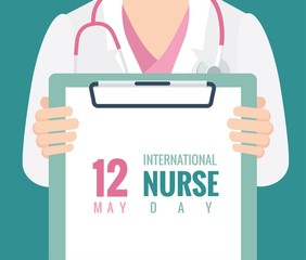 12 May. International Nurse Day background. Close-up of a female doctor with lab coat in her office holding a clipboard. Vector flat illustration