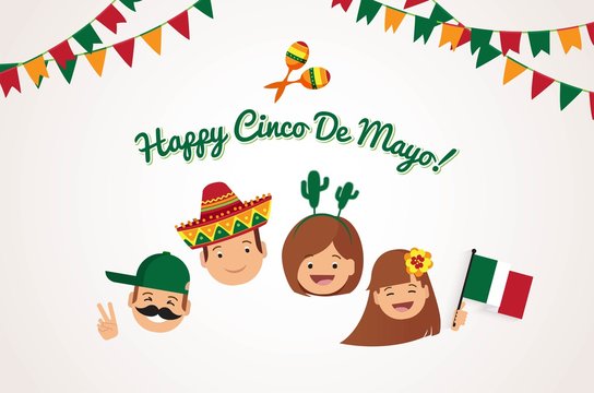 Cinco De Mayo Background. Happy Family With  Different Holiday Symbols Celebrating Cinco De Mayo Day, Smiling. Holiday And Celebration Concept. Vector Illustration